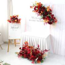 Wedding event floral arrangement festive red series welcome water brand flower wall hanging arch Landing Road Guide flower row long strip