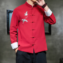 Spring and Autumn New Year clothes Mens Chinese style red groomsman clothes Chinese style Tang suit long sleeve shirt stand collar collars