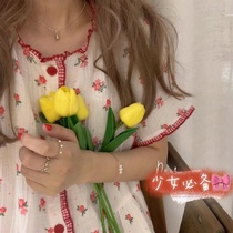 New pajamas womens summer short sleeves Korean version of cotton gauze sweet girl cotton floral long nightgown