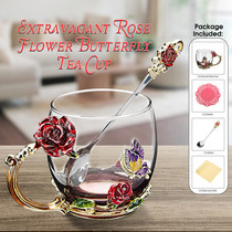1Set Enamel Coffee Cup Rose Mug Flower Tea Drinking Glass Cu