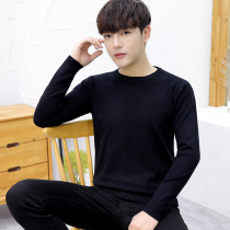  Autumn and winter sweater mens round neck Korean version of the trend slim-fitting knitted bottoming shirt thin pure black sweater mens clothing