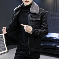 2021 Winter new mens leather jacket plus velvet thickened youth fur collar short leather jacket Korean slim coat tide