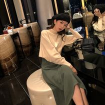 Retro Hong Kong flavor chic fake two-piece knitted dress sweater long sleeve light ripe wind inside half high collar over knee autumn and winter