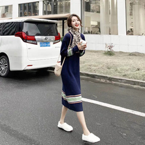Knitted dress striped long sleeve inside casual lazy wind can salt sweet long knee sweater autumn and winter