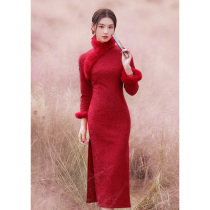 Red cheongsam toast bride 2022 long sleeve autumn and winter padded young plus velvet national tide New Year service