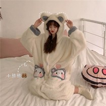 Autumn and winter thick warm lovely long plush robe female Korean sweet bear home suit outside