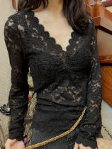Lace base shirt Female Sexy V-neck Lace Slim Size base shirt Hollow Spring and Autumn Lace Top Women