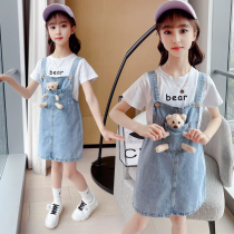 Girls summer dress strap dress 2021 new foreign style Korean version of the childrens dress in large childrens casual denim sundress