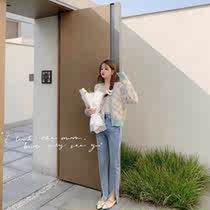 Short colorblock diamond knit sweater women Spring 2021 new hipster V-neck sweater cardigan coat thin