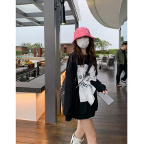 Black printed sweater female 2021 New early autumn loose letter lazy wind long sleeve head wear coat tide