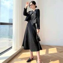 Early autumn suit suit women 2021 new ladies small fragrant wind black high waist skirt two pieces 15 days delivery