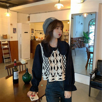 Ou Han shirt autumn female French doll collar long sleeve V collar lace slim slim short vest female advanced sense New Tide