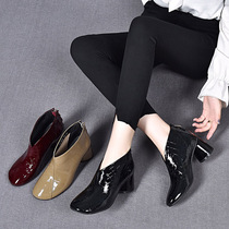 2022 spring new genuine leather coarse heel short boots women painted leather 100 hitch round head fashion nude boots with embossed fashion boots