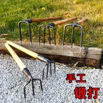 Tridentate two teeth steel rake garden rake loosening over grip lou cao rake two teeth four-tooth pick beach combing dig shellfish farming tools