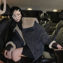 Korean version of navy wool collar plus velvet thick denim wool coat women 2021 autumn and winter New fur one coat