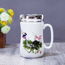 ins Wind cute mirror cover ceramic mug with spoon girl cup large capacity portable milk coffee cup