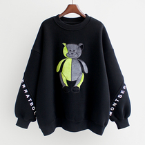 Medium and long round neck thick sweater women 2021 new autumn and winter Korean embroidery bear plus velvet loose coat women