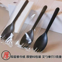 Disposable fork spoon individually wrapped plastic one cake dessert salad with paper towel black long thick fork spoon
