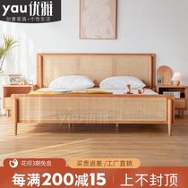 Nordic ins solid wood bed 1 8 meters 1 5m retro rattan white wax wood small apartment Japanese single double bed rattan bed