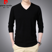 Pierre Cardin Cardigan Men Spring and Autumn Pure Wool Youth Knitted base shirt Mens V-neck Solid Color Thin Sweater