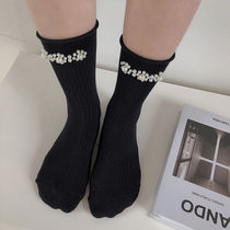 Retro fairy Pearl curled socks female middle tube black net red INS tide white spring and autumn pile socks