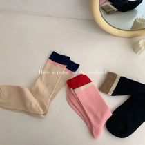 Pink socks female spring and autumn color calf socks double needle cotton Korean version of college wind pile socks