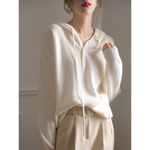 2022 New spring and autumn Lions cashmere knitted sweatshirt woman loose rice white with cap jacket headcoat hair cloak thin