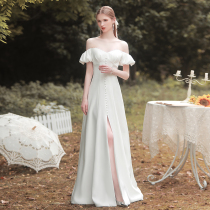 French light wedding dress 2021 new bride simple advanced sense satin shoulder collar small dress dress dress dress go out yarn