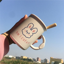 Cartoon cat mug with lid spoon Matt ceramic cup creative cute female student stick figure for gift