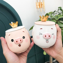 Korean cartoon crown pig ceramic cup with lid spoon mug business office coffee cup student Cup