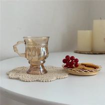 French retro amber relief transparent hand-held small glass red wine glass wind drink cup milk tea cup