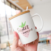 Cute hipster gold Strawberry Ceramic Cup Wooden Cover with Spoon Big Belly Mug Male and Female Student Couple Water Cup
