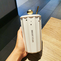 Large capacity with lid straw ceramic cup girl cereal couple water Cup mens net red breakfast cup oatmeal Cup