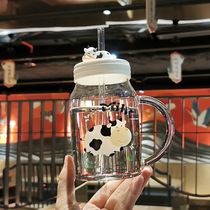 Glass Cup cute girl home office with straw cup milk coffee transparent mug with lid