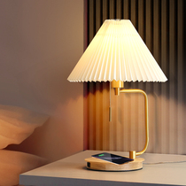 All copper table lamp American light luxury retro pleated wireless charging study bedroom bedside lamp reading lamp decorative table lamp