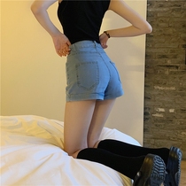 Lisa The Same Section High Waist Tight Shorts Hot Pants Womens Group Light Color Jeans Summer Slim Fit Slim Straight Drum Pants
