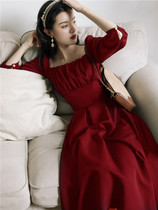 sandro moscoloni French vintage square collar red dress women 2021 New engagement dress skirt