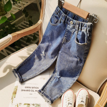 Girls jeans spring and autumn 2021 New Korean version of childrens father pants in big Children broken hole pants loose Foreign
