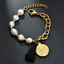 AliExpress source spot fashion fashion Pearl Bracelet Black Rope Tassel Stainless Steel Corrosion God Jesus Bracelet