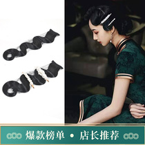 Ancient costume wig bangs women's cheongsam curly hair styling Republic of China big wave Shanghai beach antique hair piece flower hair bag