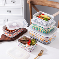 Ceramic rectangular sealed bowl can be microwave oven heated lunch box rice bowl mixed grain fruit and vegetable refrigerator sealed fresh Bowl