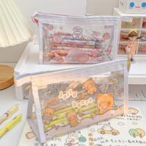 Transparent Pen Pouch Ins Day Series Large Capacity Pencil Bag Press Pen Suit Elementary School Students Girl Stationery storage box