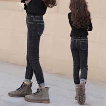 Girls jeans spring and autumn 2021 New Korean version of childrens elastic small feet big children plus velvet pencil pants soft foreign gas