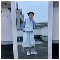 (Three-piece set)Pullover V-neck vest Striped shirt High waist skirt Summer schoolgirl Western style suit