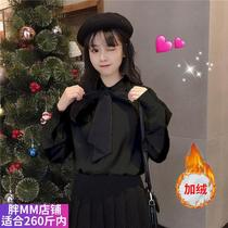Fat mm200 kg plus velvet thickened design sense niche 2021 New Japanese sweet bow long sleeve coat tide