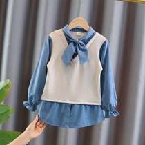 Children's clothing girls' shirt spring and autumn 2021 new foreign style shirt big children's little girl fake two children's long sleeve jacket
