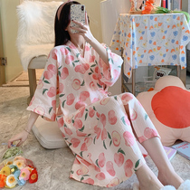 Summer night dress pure cotton 2021 new cute peach Japanese bathrobe gauze casual womens pajama night dress