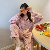 Plush pajamas women can wear long sleeve two-piece set 2021 new students cute home clothing set tide