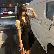 Two-piece waist dress new pleated skirt strap black skirt bubble sleeve shirt womens set