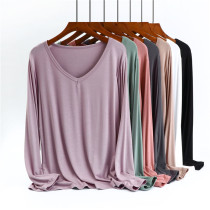 Spring and Autumn Thin Womens base shirt V-Collar Modal Long Sleeve T-shirt Casual Joker Loose Mid-length Top Tide Mom